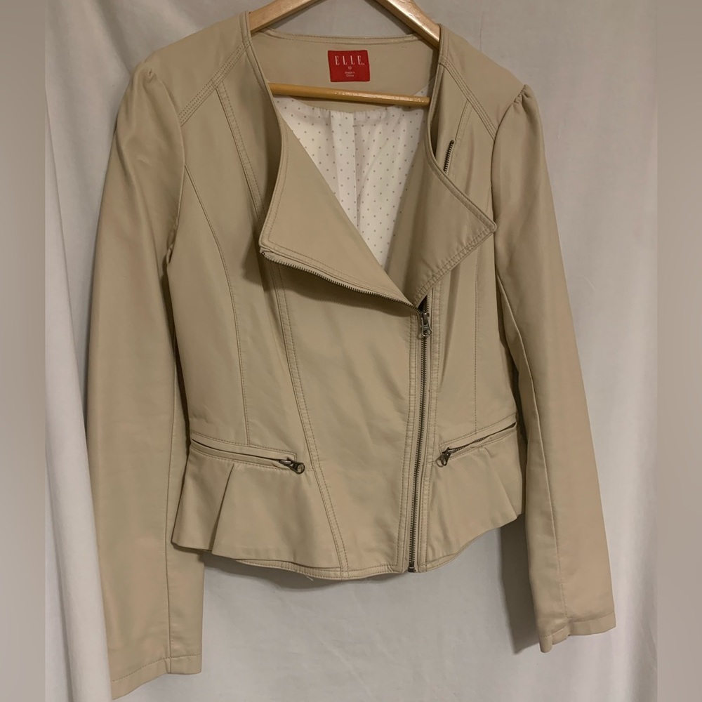 Cream Faux Leather Peplum Motto Jacket Size 10